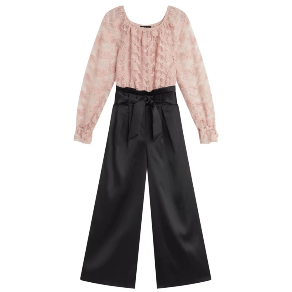 NWOT Amy Byer Blush Lace and Black Satin Jumpsuit—Size 16